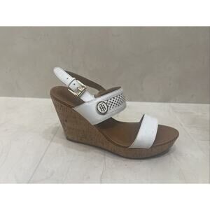 Tommy Hilfiger Sling Back Wedges Cork Heel Sandals Medallion Buckle White 9.5M